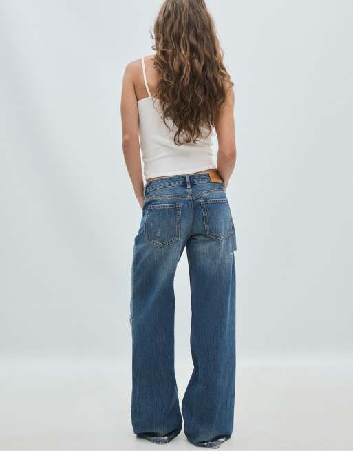 Stradivarius jean droit taille basse déchiré délavage denim moyen, 3 de 7