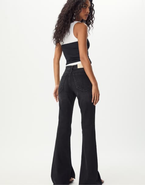 Stradivarius - Jean évasé fendu - Denim noir brut - view 1