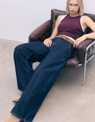 Stradivarius - Jean large à ceinture - Bleu denim brut