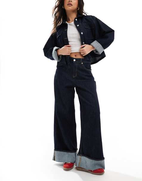 Stradivarius - Jean large à revers - Indigo - view 1