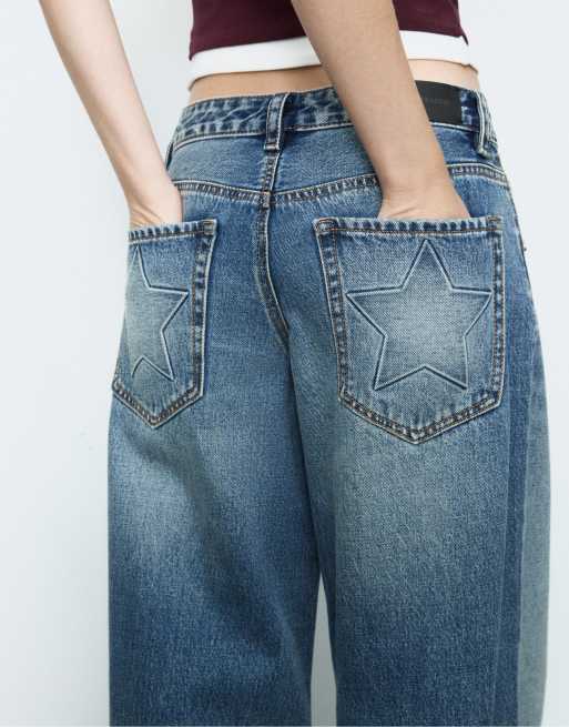 Stradivarius - Jean large à taille basse avec étoiles - Denim bleu moyen, 3 de 4