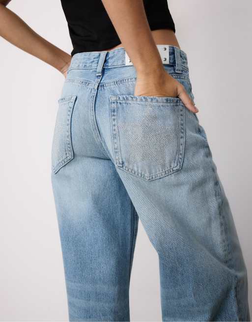 Stradivarius - Jean large à taille basse et détail étoile - Bleu surteint, 4 de 4