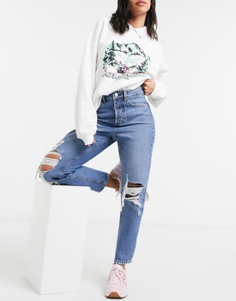 Jean bleu top troué femme