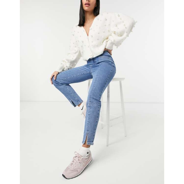 Stradivarius Jean mom fendu a l avant en coton stretch Bleu MBLUE ASOS