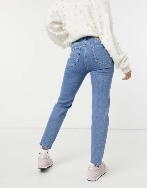 Stradivarius Jean mom fendu l avant en coton stretch Bleu