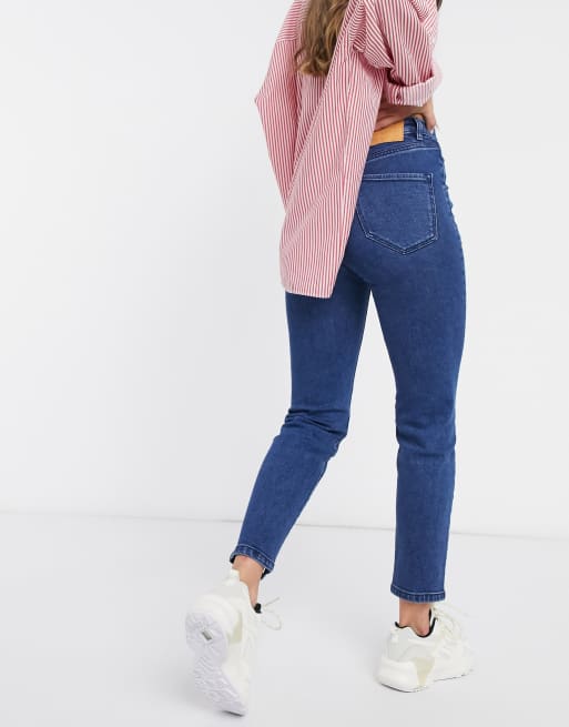 Stradivarius Jean mom slim avec fente sur le devant Bleu