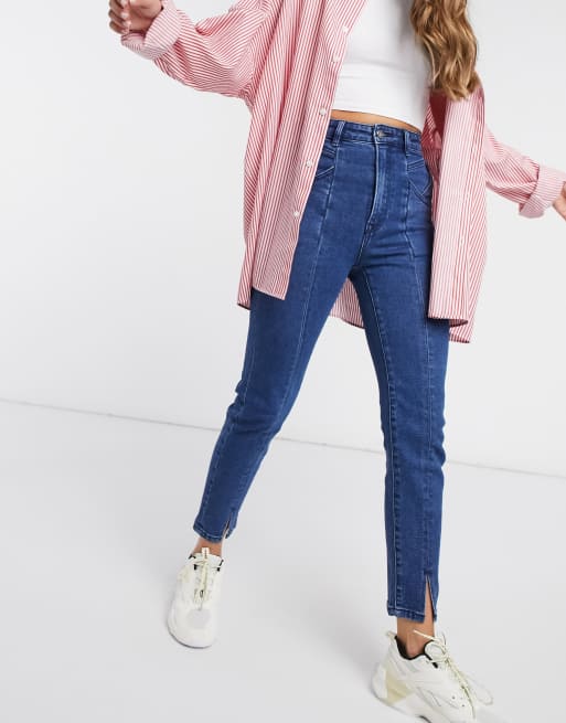 Stradivarius Jean mom slim avec fente sur le devant Bleu