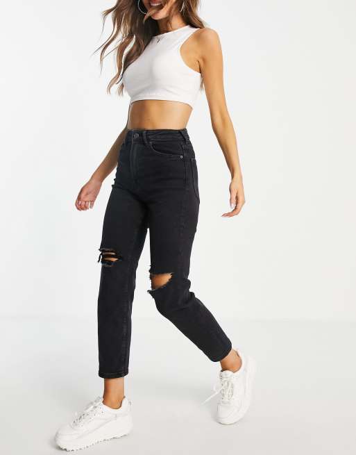 Stradivarius - Jean mom slim en tissu stretch avec déchirures - Noir délavé , 3 de 4
