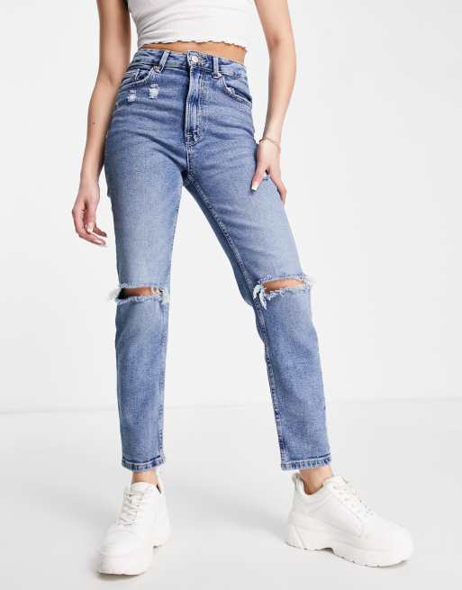 Stradivarius - Jean mom slim stretch à déchirures - Bleu authentique