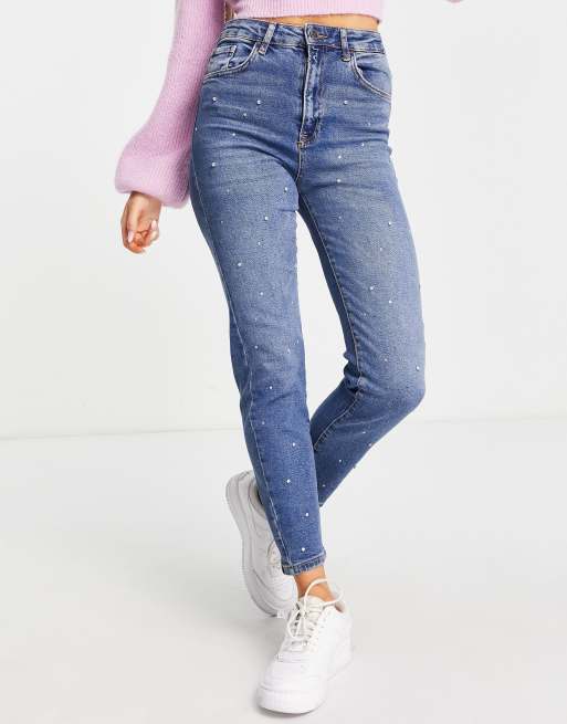 Stradivarius - Jean mom slim stretch avec strass - Bleu, 4 de 4