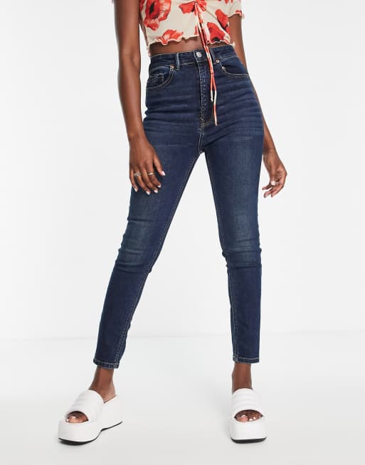 Stradivarius - Jean skinny taille haute délavage foncé