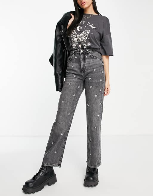 Hot diamond embroidered ripped straight jeans for women loose wide