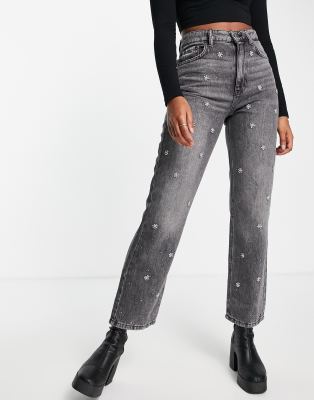 Stradivarius jean with diamante detail in washed black | ASOS