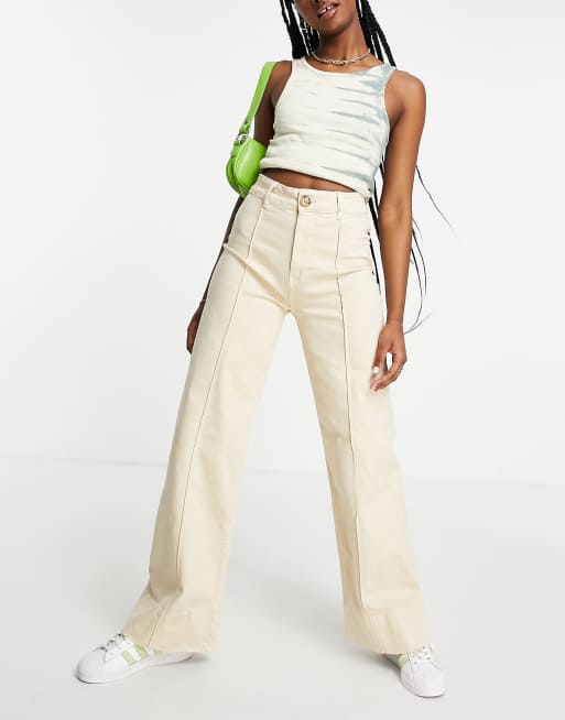 Stradivarius - Jeans a fondo ampio color pietra con cuciture sul davanti 