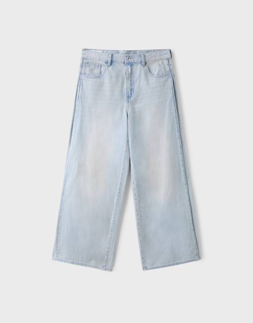 Stradivarius jeans a gamba super ampia a pieghe in lavaggio chiaro, 6 di 7