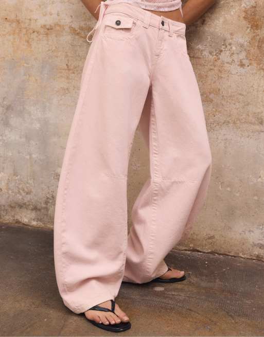 Stradivarius - Jeans a vita bassa rosa pastello, 4 di 4