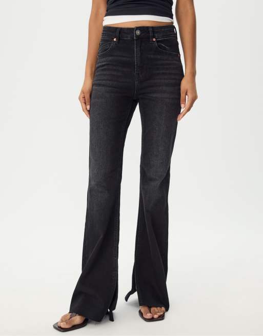 Stradivarius - Jeans a zampa slim fit neri lavaggio rinse wash, 4 di 4