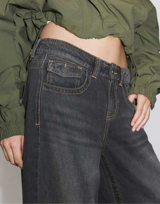 Stradivarius jeans balloon a vita bassa in denim grigio scuro, 4 di 6