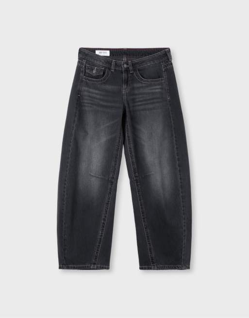 Stradivarius jeans balloon a vita bassa in denim grigio scuro, 5 di 6