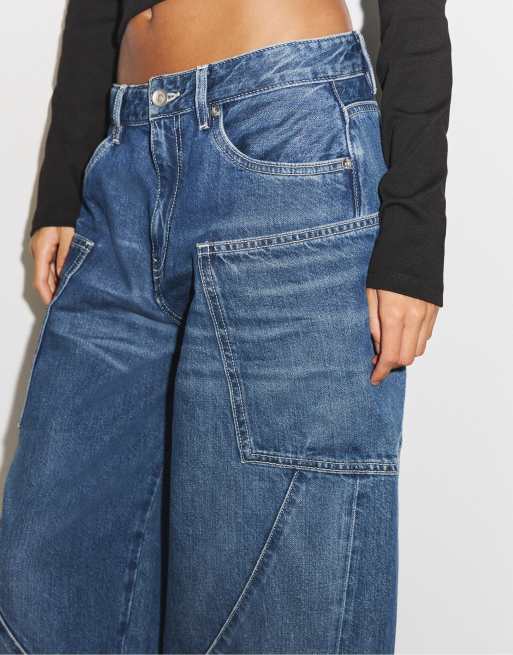 Stradivarius jeans barrel a vita bassa con tasche in denim blu medio, 4 di 7