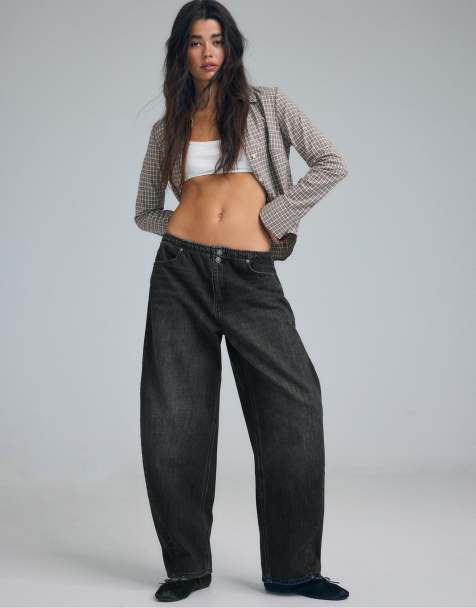 Stradivarius jeans barrel in denim nero con vita regolabile - view 1