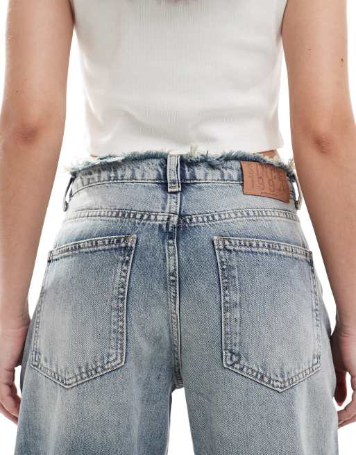 Stradivarius Jeans con fondo ampio azzurri con frange in vita ASOS