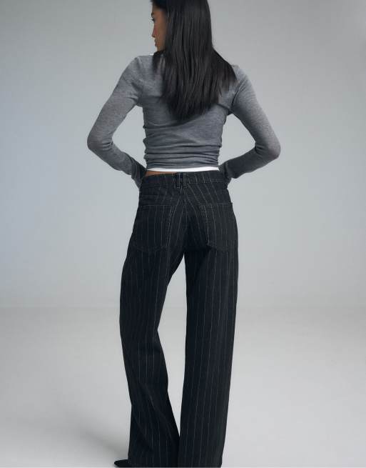 Stradivarius jeans dritti a gamba larga con righe in filo metallico in lavaggio denim nero, 3 di 7