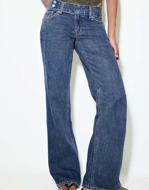 Stradivarius - Jeans dritti a vita bassa blu medio con passanti, 2 di 4
