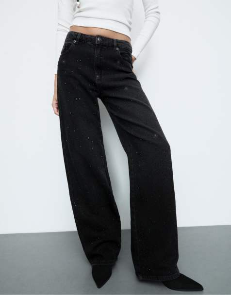 Stradivarius - Jeans dritti neri effetto slavato con strass - view 1