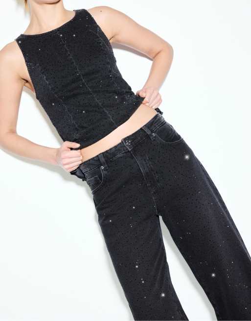 Stradivarius - Jeans dritti neri effetto slavato con strass, 2 di 7