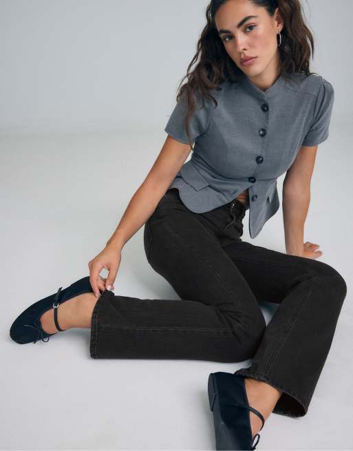 Stradivarius jeans dritti Tall in denim nero effetto slavato, 5 di 7