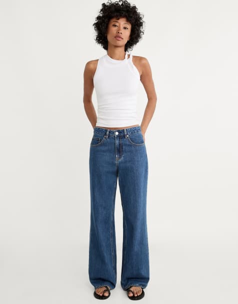 Stradivarius – Jeans in dunkelblauer Waschung mit weitem Bein - view 1