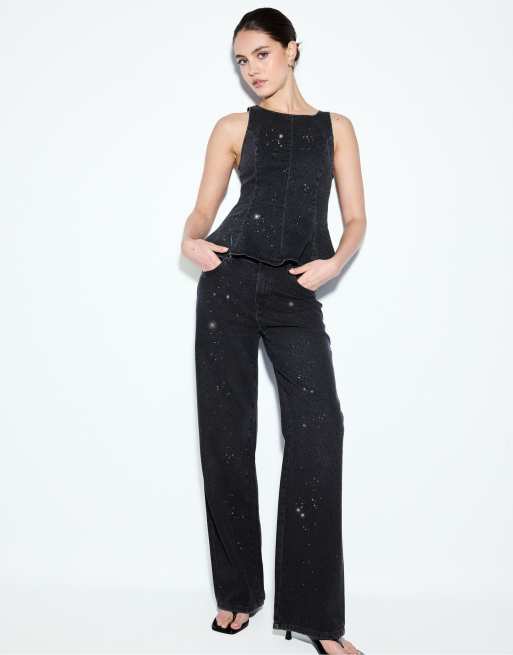 Stradivarius – Jeans in schwarzer Waschung mit geradem Schnitt und Strassverzierung, 5 von 7