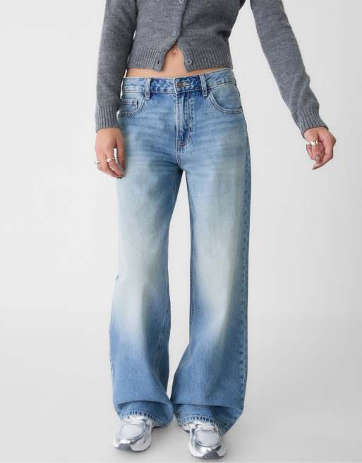 Stradivarius - Jeans larghi a vita bassa blu slavato, 2 di 4