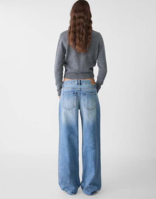 Stradivarius - Jeans larghi a vita bassa blu slavato, 4 di 4