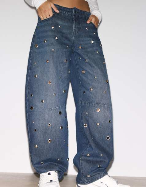 Stradivarius - Jeans larghi con occhielli in denim nero effetto slavato - view 1