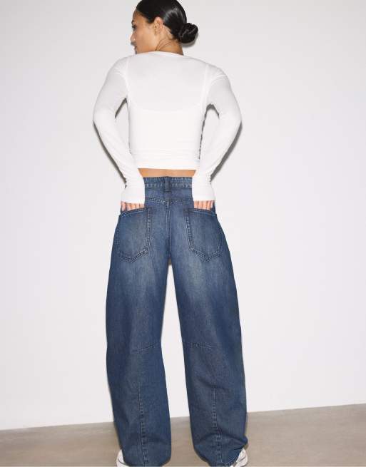 Stradivarius - Jeans larghi con occhielli in denim nero effetto slavato, 3 di 4