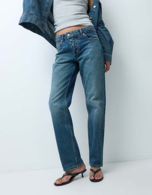 Stradivarius jeans med knaplukning, lige slim fit, i medium denimvask, 4 af 5