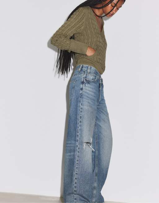 Stradivarius jeans med korsad midja och vida ben i mellanblå denim, 2 av 7