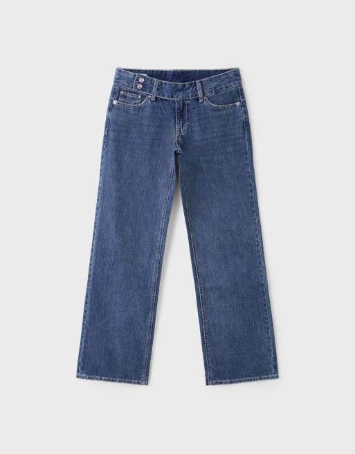 Stradivarius jeans med låg midja och raka ben med hammarlinning i mellanblå denim, 6 av 7