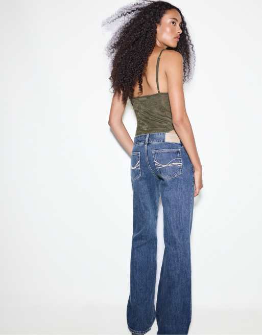 Stradivarius jeans med låg midja och raka ben med hammer loop i mellanblå denim, 3 av 4