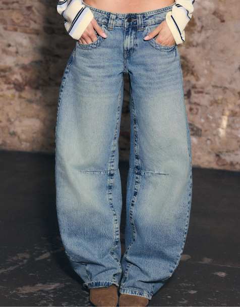 Stradivarius - Jeans met ballonpijpen en lage taille in medium lichtblauw denim - view 1