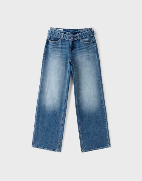 Stradivarius jeans met dubbele tailleband en wijde pijpen in middenblauw denim - view 1
