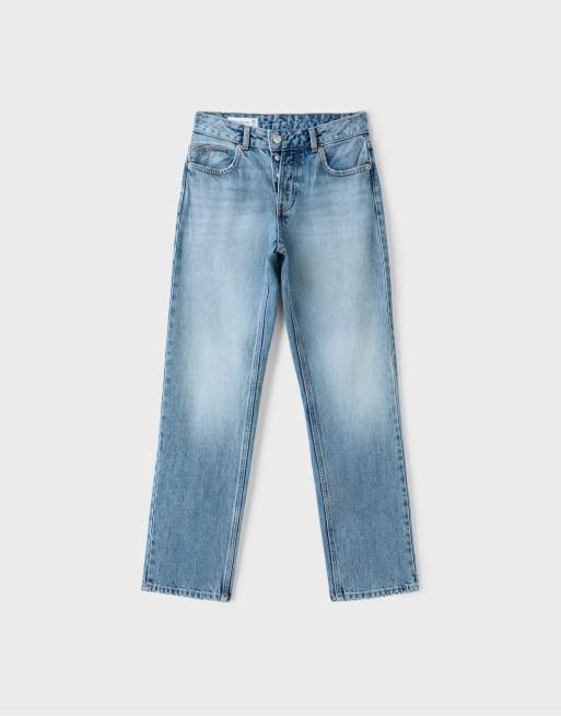 Stradivarius jeans met knoopsluiting, rechte slim-fit in middenblauw denim, 5 van 6