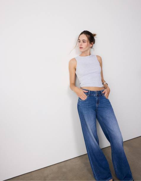 Stradivarius - Jeans met lage taille en dubbele knopen in medium blauw - view 1