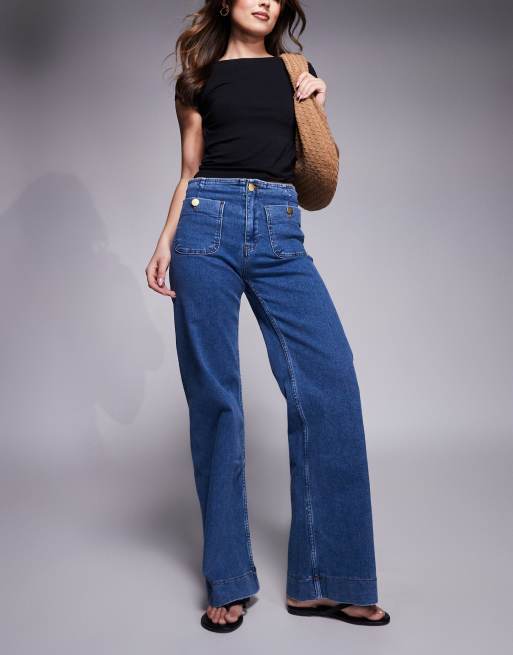 Stradivarius - Jeans met rechte pijpen en detail met knopen in middenblauw