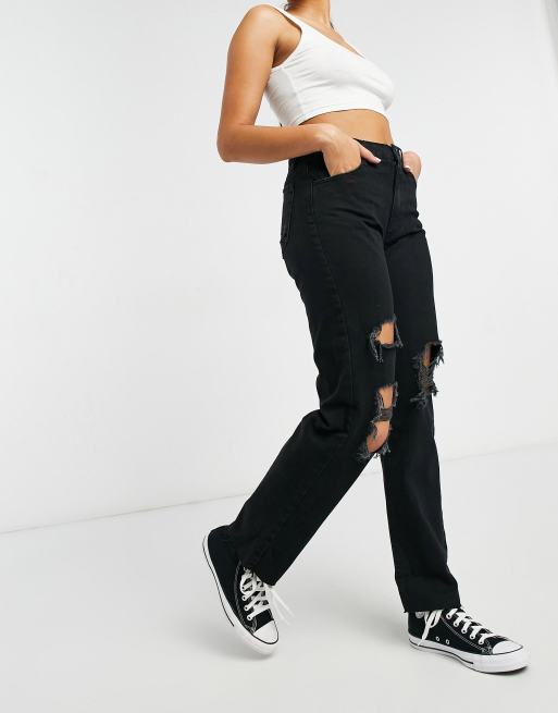 Stradivarius - Jeans met rechte pijpen en scheuren in zwart