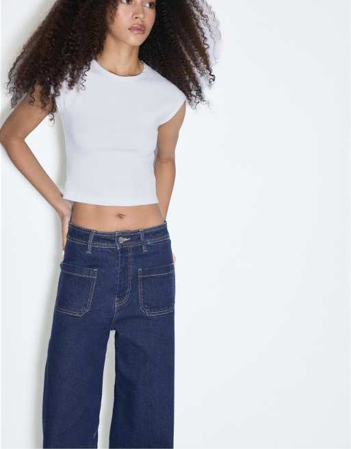 Stradivarius - Jeans met rechte pijpen en zakken in donkerblauw, 2 van 4