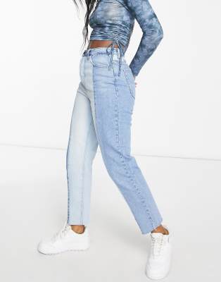 Stradivarius - Jeans met rechte pijpen in twee contrasterende kleuren met  onafgewerkte zoom in blauw | ASOS