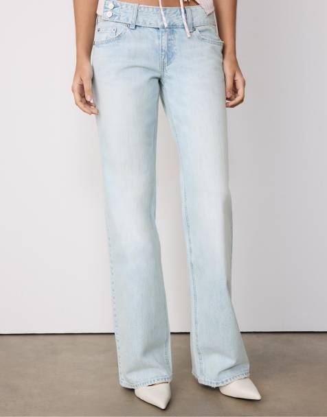 Stradivarius - Jeans met rechte pijpen, lage taille en gehamerde tailleband in licht gebleekt - view 1